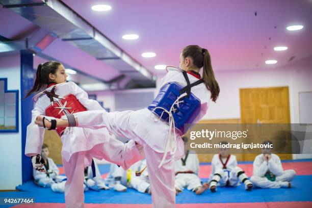 two girls at martial arts practice - kicking leg back stock pictures, royalty-free photos & images
