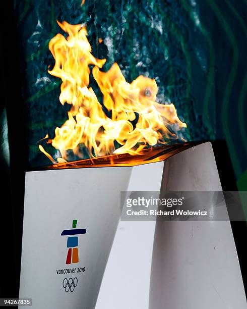 The Olympic flame burns in Place Jacques-Cartier on December 10, 2009 in Montreal, Quebec, Canada.