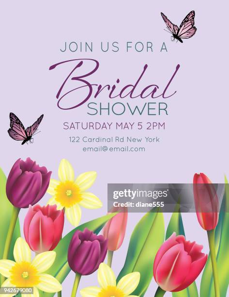 bridal shower card with spring flowers - tulips and daffodils stock illustrations