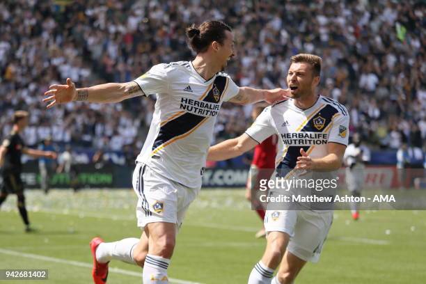 Zlatan Ibrahimovic of Los Angeles Galaxy celebrates after scoring a goal to make it 4-3 during the MLS match between Los Angeles FC and Los Angeles...