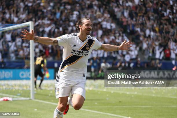 Zlatan Ibrahimovic of Los Angeles Galaxy celebrates after scoring a goal to make it 4-3 during the MLS match between Los Angeles FC and Los Angeles...