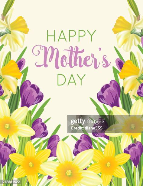 ilustrações de stock, clip art, desenhos animados e ícones de mother's day card with floral designs - daffodil