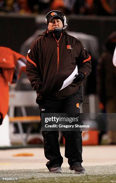 Head coach Eric Mangini of the Cleveland Browns stands on the sidelines during the game against the Pittsburgh Steelers at Cleveland Browns Stadium...