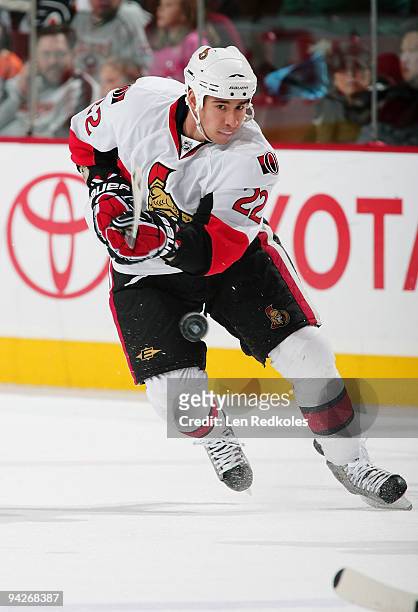 Chris Kelly of the Ottawa Senators shoots the puck against the Philadelphia Flyers on December 10, 2009 at the Wachovia Center in Philadelphia,...