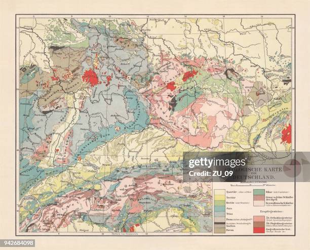 geological map of southern germany, bohemia, switzerland and austria, published 1897 - tertiary period stock illustrations