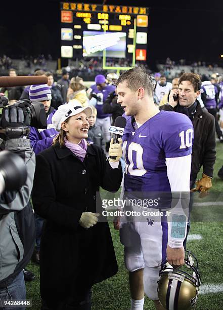 Quarterback Jake Locker of the Washington Huskies speaks to a reporter after winning the game against the California Bears on December 5, 2009 at...