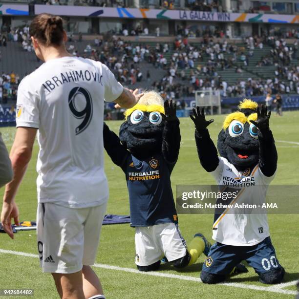 Los Angeles Galaxy mascots Cozmo Bro and Cozmo worship their new hero Zlatan Ibrahimovic of Los Angeles Galaxy during the MLS match between Los...