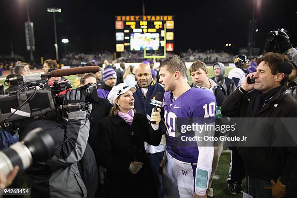 Quarterback Jake Locker of the Washington Huskies speaks to a reporter after winning the game against the California Bears on December 5, 2009 at...