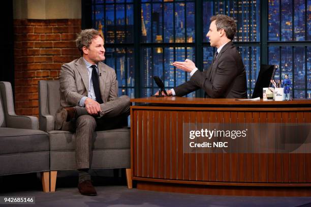 Episode 669 -- Pictured: Actor Jason Clarke during an interview with host Seth Meyers on April 5, 2018 --