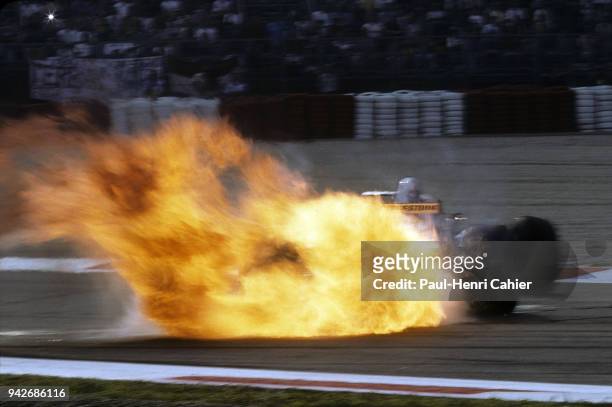 Jarno Trulli, Prost-Mugen-Honda JS45, Grand Prix of Italy, Autodromo Nazionale Monza, 07 September 1997. Massive flames coming out of Jarno Trulli's...