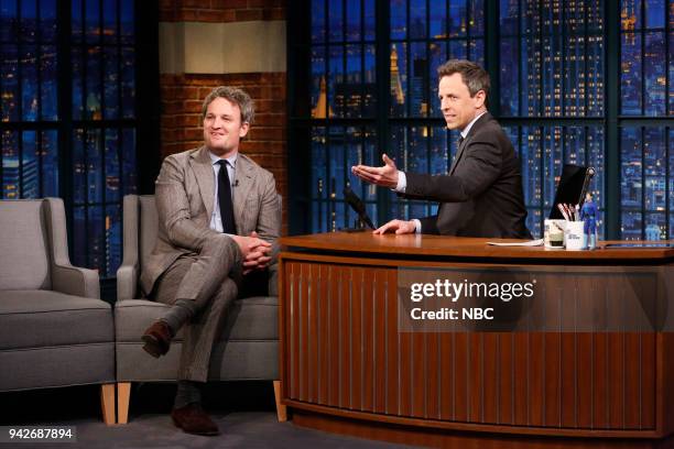 Episode 669 -- Pictured: Actor Jason Clarke during an interview with host Seth Meyers on April 5, 2018 --