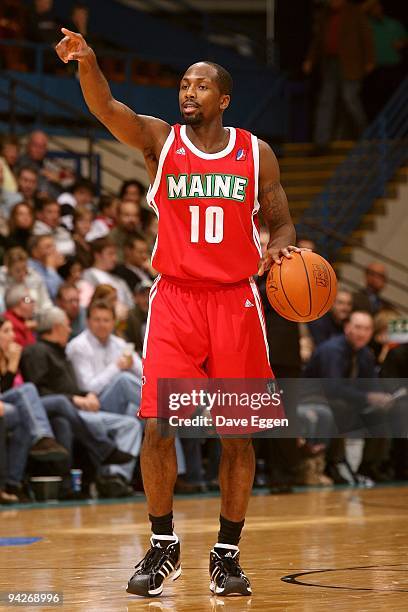 Abdulai Jalloh of the Maine Red Claws points as he moves the ball up court during the game against the Sioux Falls Skyforce at Sioux Falls Arena on...