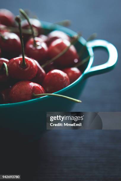 healthy eating, fresh cherries in a colander - colander stock pictures, royalty-free photos & images