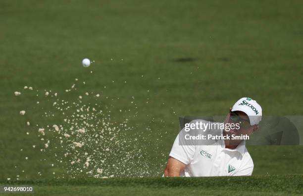 Ted Potter Jr. Of the United States plays a shot from a bunker on the second hole during the second round of the 2018 Masters Tournament at Augusta...