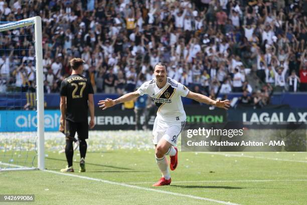 Zlatan Ibrahimovic of Los Angeles Galaxy celebrates after scoring a goal to make it 4-3 during the MLS match between Los Angeles FC and Los Angeles...