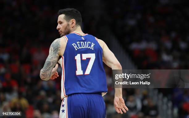 Redick of the Philadelphia 76ers looks to the sidelines the ball during the fourth quarter of the game against the Detroit Pistons at Little Caesars...