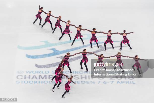 Team Phoenix of Belgium compete in the Short Program during the World Synchronized Skating Championships at Ericsson Globe on April 6, 2018 in...