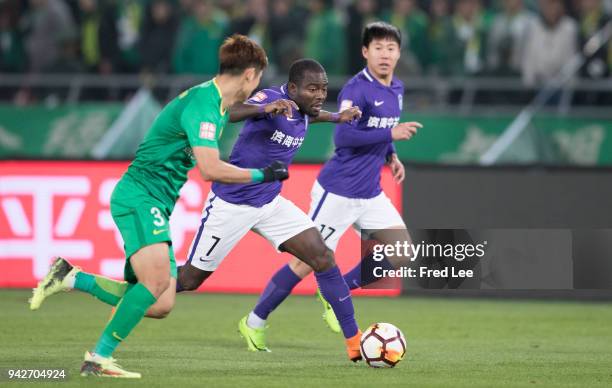 Frank Acheampong of Tianjin Teda FC in action during the 2018 Chinese Super League match between Beijing Guoan and Tianjin Teda at Workers Stadium on...