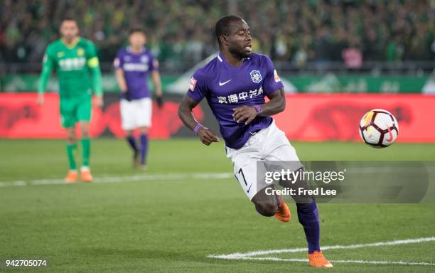 Frank Acheampong of Tianjin Teda FC in action during the 2018 Chinese Super League match between Beijing Guoan and Tianjin Teda at Workers Stadium on...