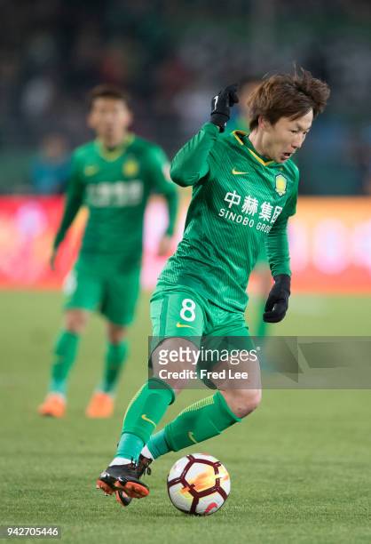 Piao Cheng of Beijing Guoan in action during the 2018 Chinese Super League match between Beijing Guoan and Tianjin Teda at Workers Stadium on April...