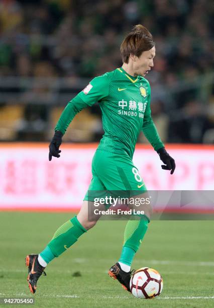 Piao Cheng of Beijing Guoan in action during the 2018 Chinese Super League match between Beijing Guoan and Tianjin Teda at Workers Stadium on April...