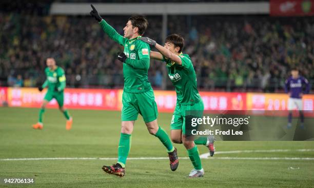 Soriano of Beijing Guoan celebrates scoring his team's goal during the 2018 Chinese Super League match between Beijing Guoan and Tianjin Teda at...