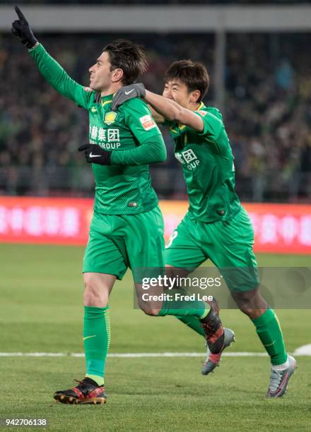 Soriano of Beijing Guoan celebrates scoring his team's goal during the 2018 Chinese Super League match between Beijing Guoan and Tianjin Teda at...