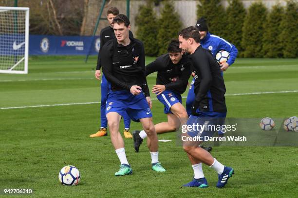 Andreas Christensen and Danny Drinkwater of Chelsea during a training session at Chelsea Training Ground on April 6, 2018 in Cobham, England.