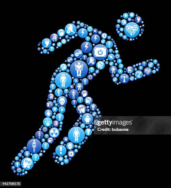 man running blue icon pattern background - human exoskeleton stock illustrations