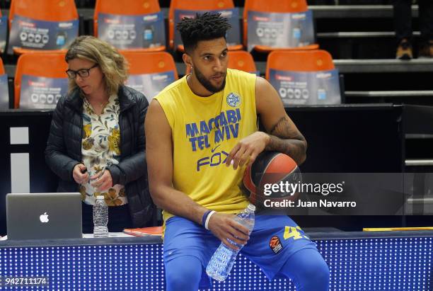 Jonah Bolden, #43 of Maccabi Fox Tel Aviv rest before the 2017/2018 Turkish Airlines EuroLeague Regular Season Round 30 game between Valencia Basket...