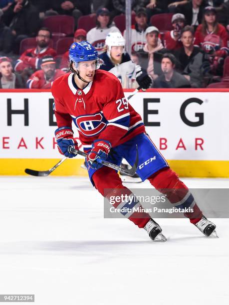 Jacob de la Rose of the Montreal Canadiens skates against the Winnipeg Jets during the NHL game at the Bell Centre on April 3, 2018 in Montreal,...