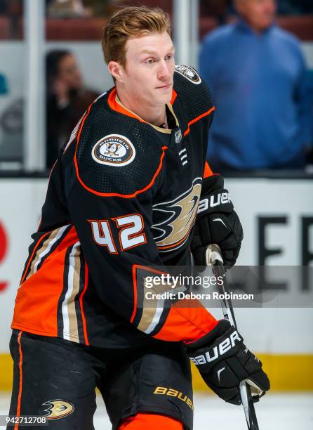 Josh Manson of the Anaheim Ducks skates during warm-up before the game against the Colorado Avalanche at Honda Center on April 1, 2018 in Anaheim,...