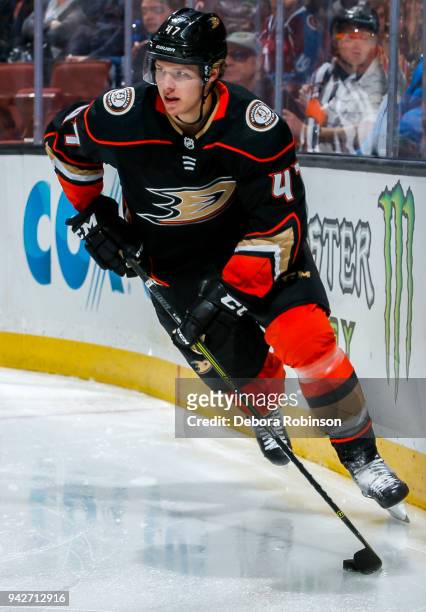 Hampus Lindholm of the Anaheim Ducks skates with the puck during the second period of the game against the Colorado Avalanche at Honda Center on...