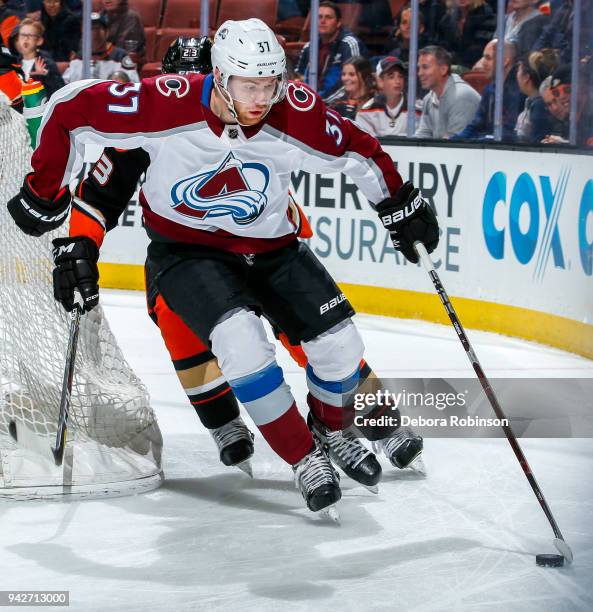 Compher of the Colorado Avalanche skates with the puck during the second period of the game against the Anaheim Ducks at Honda Center on April 1,...