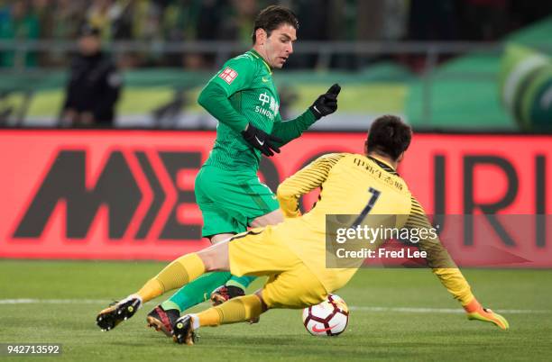 Soriano of Beijing Guoan and Du jia of Tianjin Teda during the 2018 Chinese Super League match between Beijing Guoan and Tianjin Teda at Workers...