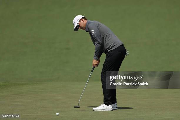 Bernd Wiesberger of Austria putts on the second green during the second round of the 2018 Masters Tournament at Augusta National Golf Club on April...