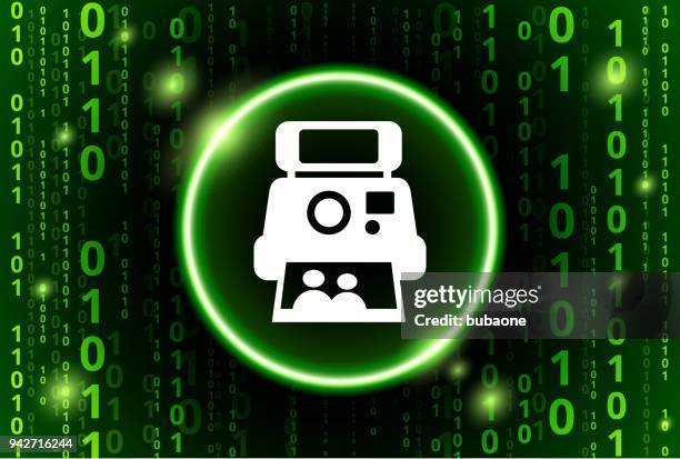 instant camera and photo binary code vector pattern background - camera 3d render stock illustrations