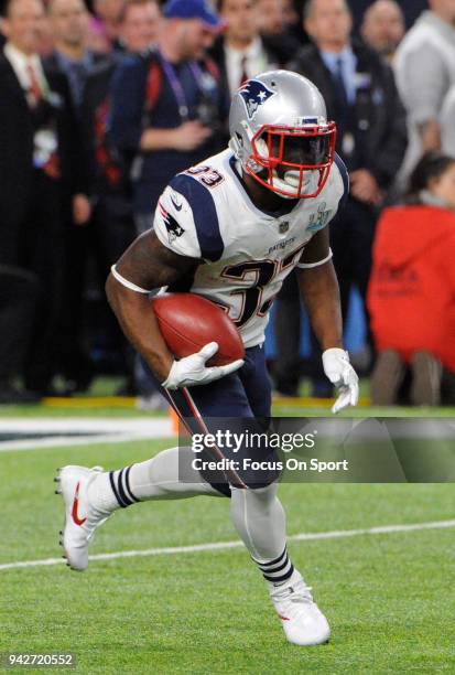 Dion Lewis of the New England Patriots returns a kickoff against the Philadelphia Eagles during Super Bowl LII at U.S. Bank Stadium on February 4,...