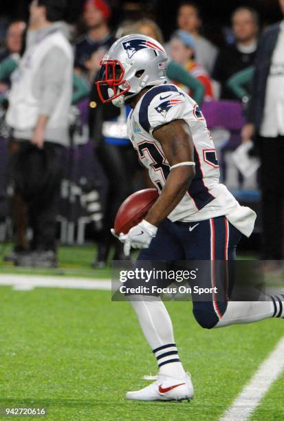 Dion Lewis of the New England Patriots returns a kickoff against the Philadelphia Eagles during Super Bowl LII at U.S. Bank Stadium on February 4,...