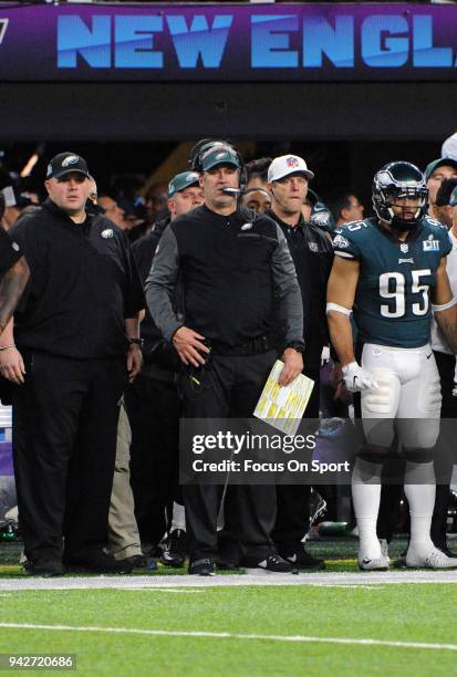 Head coach Doug Pederson of the Philadelphia Eagles looks on from the sidelines against the New England Patriots during Super Bowl LII at U.S. Bank...