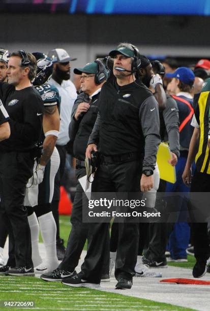 Head coach Doug Pederson of the Philadelphia Eagles looks on from the sidelines against the New England Patriots during Super Bowl LII at U.S. Bank...