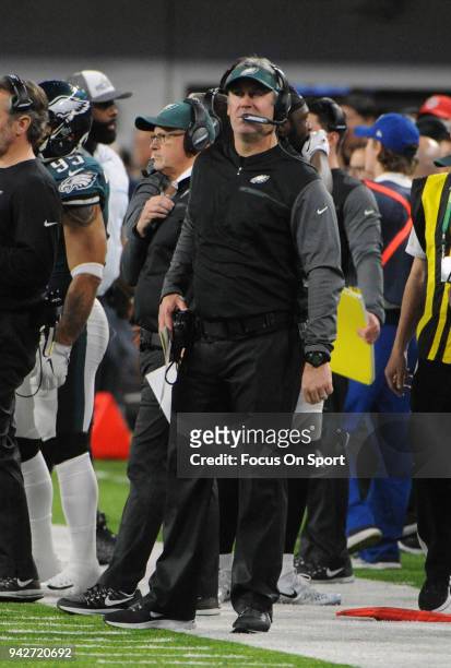 Head coach Doug Pederson of the Philadelphia Eagles looks on from the sidelines against the New England Patriots during Super Bowl LII at U.S. Bank...
