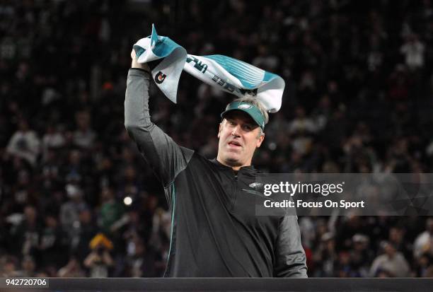 Head coach Doug Pederson of the Philadelphia Eagles celebrates defeating the New England Patriots in Super Bowl LII at U.S. Bank Stadium on February...