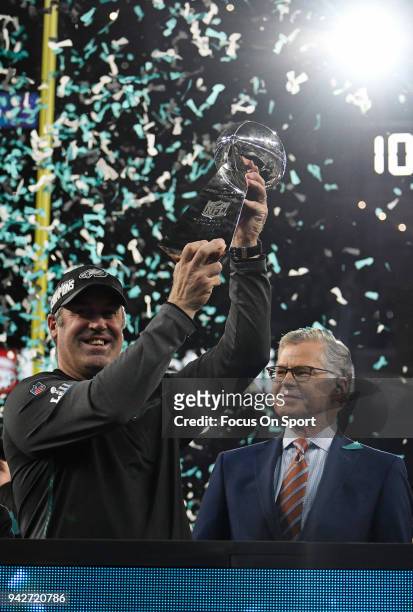 Head coach Doug Pederson of the Philadelphia Eagles celebrates with the Lombardi Trophy after the Eagles defeated the New England Patriots in Super...