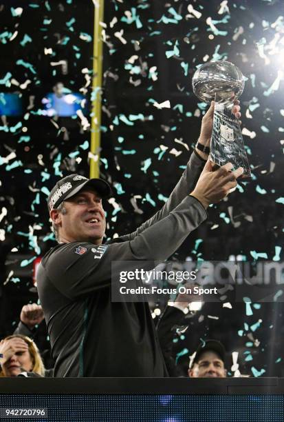 Head coach Doug Pederson of the Philadelphia Eagles celebrates with the Lombardi Trophy after the Eagles defeated the New England Patriots in Super...