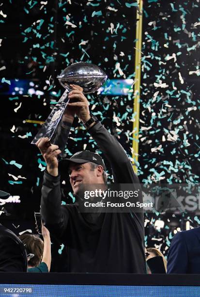 Head coach Doug Pederson of the Philadelphia Eagles celebrates with the Lombardi Trophy after the Eagles defeated the New England Patriots in Super...