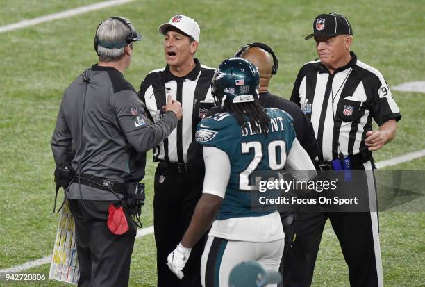 Head coach Doug Pederson of the Philadelphia Eagles talks with referee Gene Steratore during Super Bowl LII against the New England Patriots at U.S....