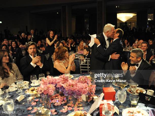 Actress Angelina Jolie, actor Brad Pitt, Susie Ekins, honoree Jerry Weintraub, Paul Anka, and actor George Clooney attend the UNICEF Ball held at the...