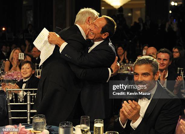 Honoree Jerry Weintraub, singer Paul Anka, and actor George Clooney attend the UNICEF Ball held at the Beverly Wilshire Hotel on December 10, 2009 in...