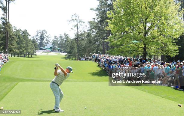 Alexander Noren of Sweden plays his shot from the seventh tee during the second round of the 2018 Masters Tournament at Augusta National Golf Club on...